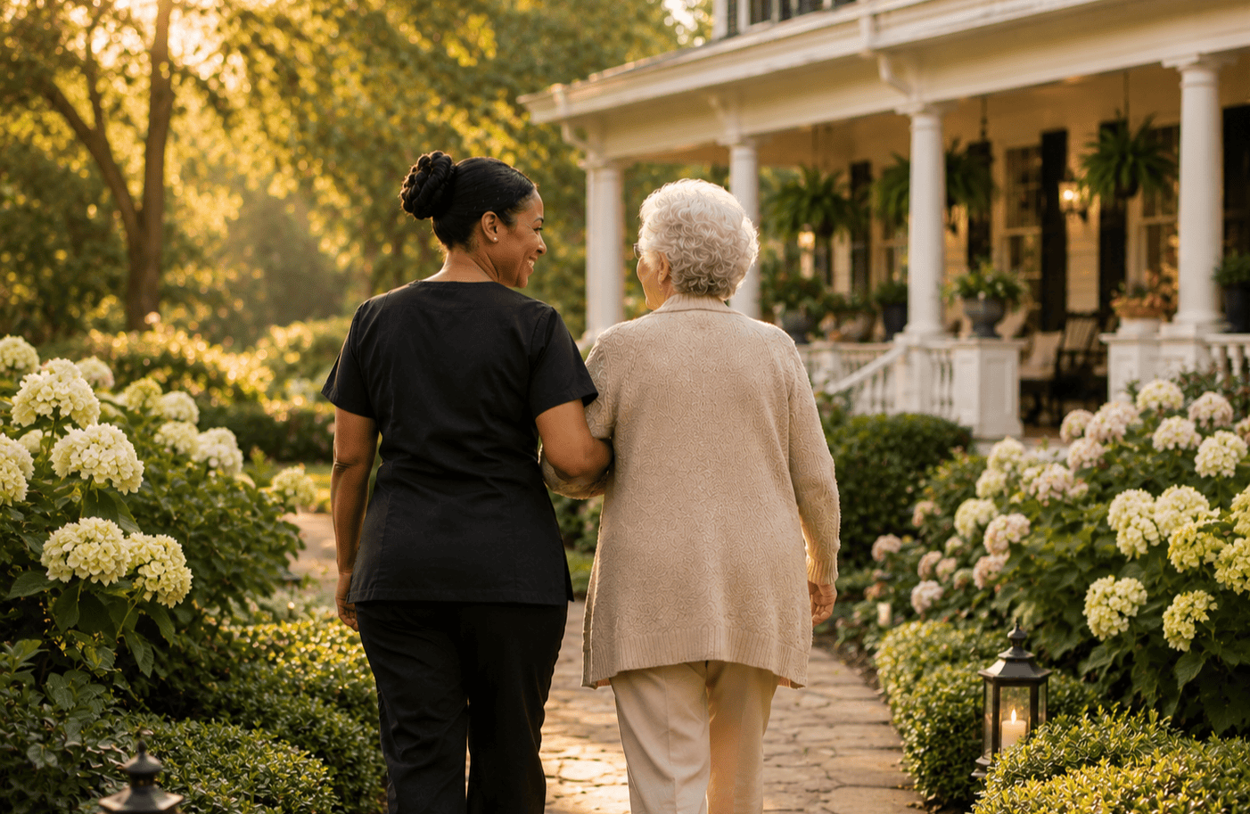 Caregiver walking with senior in beautiful garden setting