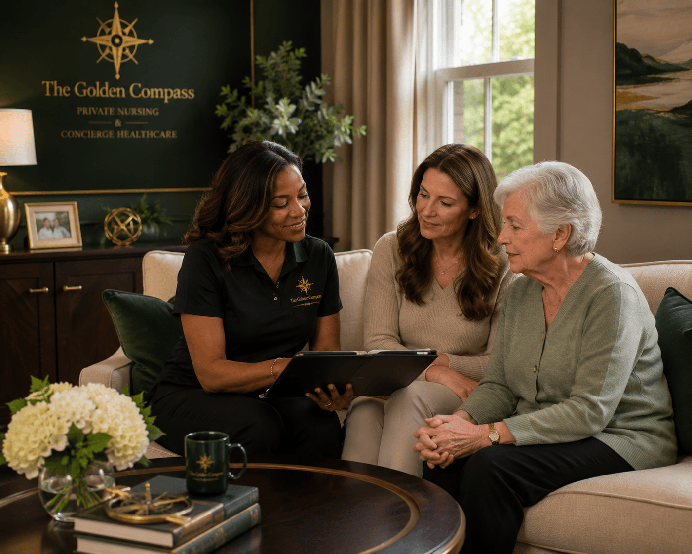 The Golden Compass caregiver reading with senior